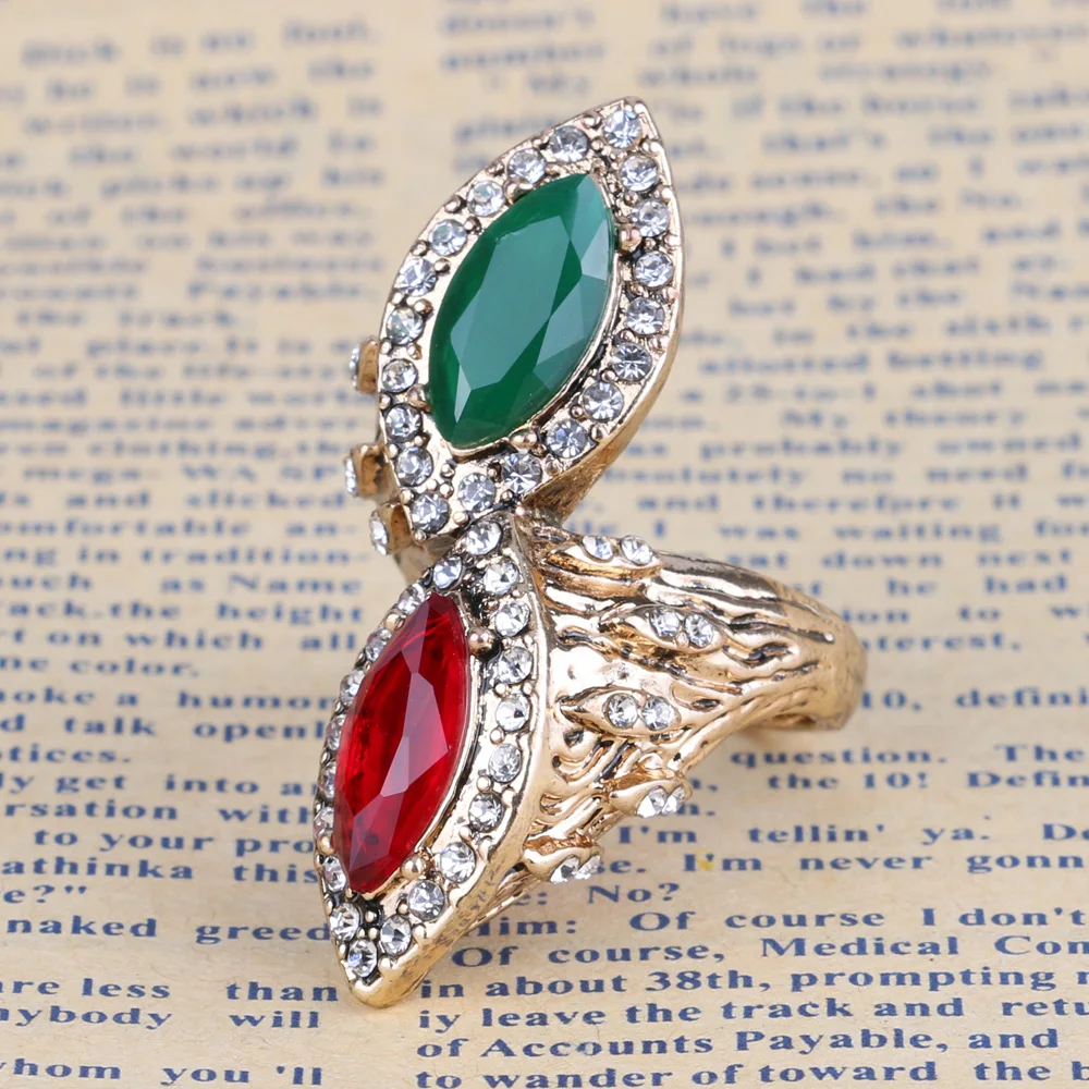 Kinel Vintage Red&Green Stone Rings For Women Antique Gold Crystal Engagement Ring Finger Party Accessories Turkish Jewelry