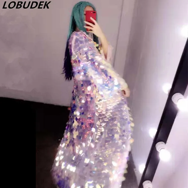Moda damska różowy Sequins Mesk długi płaszcz cekinowy płaszcz Punk piosenkarka hip-hopowa odzież sceniczna Drag Queen kostium luźny płaszcz