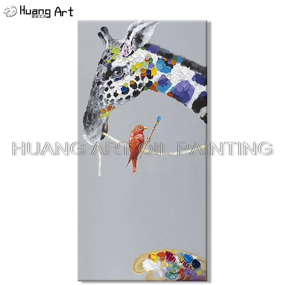 Pure Handmade Oil Painting on Canvas Funny Birds Painter and Giraffe Animal Oil Painting for Living Room Wall Art Decoration