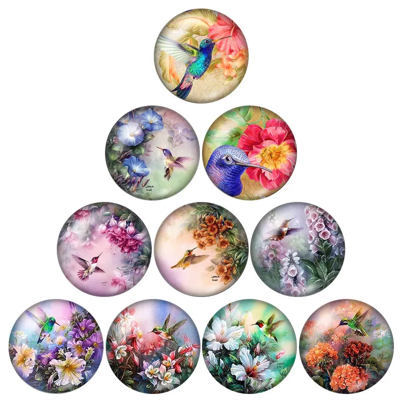 

New BeautyBirds Hummingbird10pcs mixed 12mm/16mm/18mm/25mm Round photoglass cabochondemo flat backMaking findings ZB0574