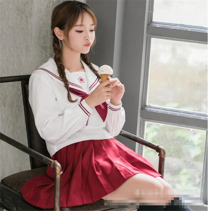 New School Uniforms For Girls JK Japanese Red White Sailor Uniform Cosplay School Class Long Sleeve Suits Sakura Design Sets