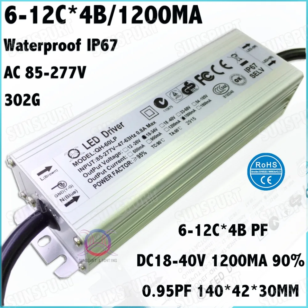 

2Pcs Waterproof IP67 High PF 60W AC85-277V LED Driver 6-12Cx4B 1200MA DC18-40V Constant Current For LED Spotlights Free Shipping