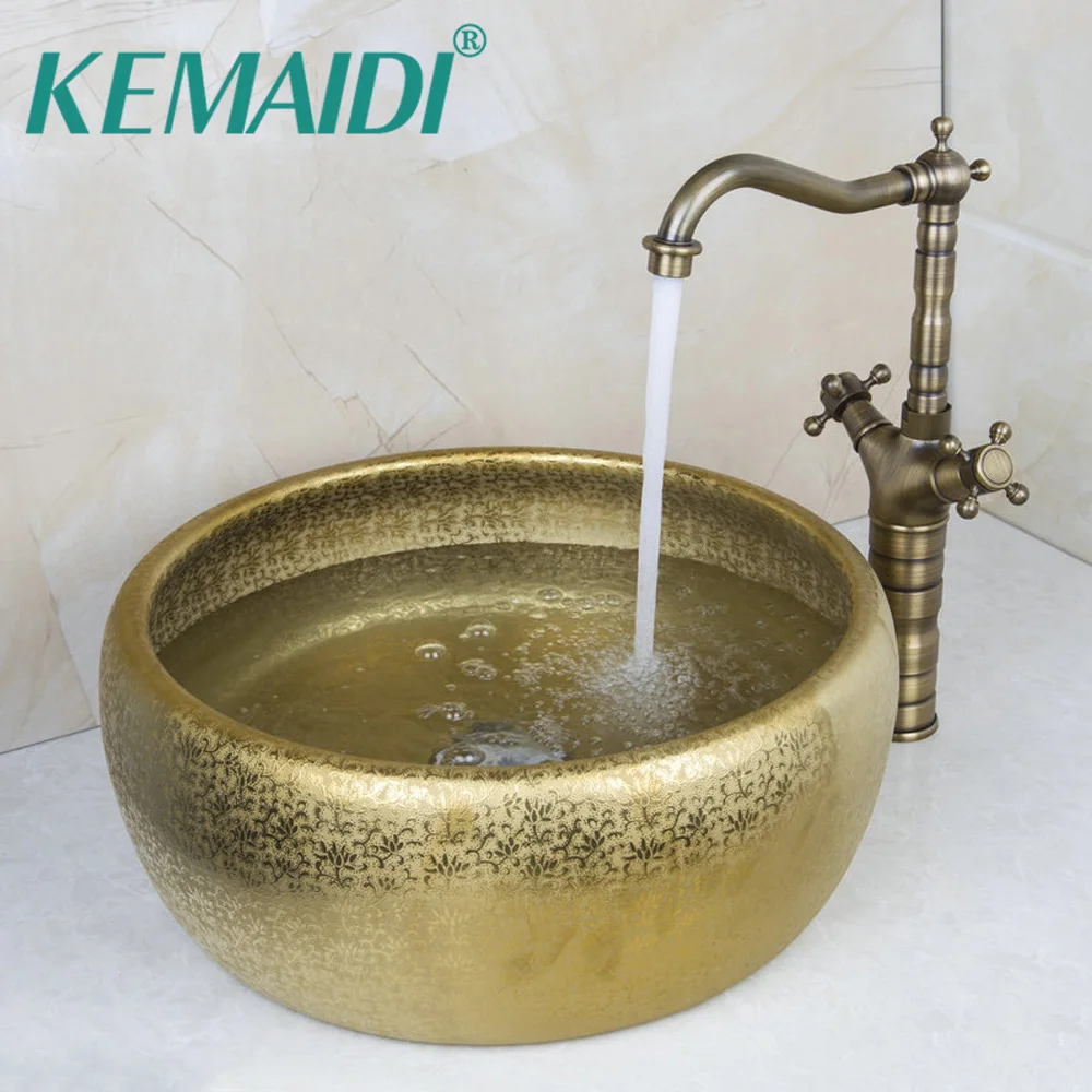 KEMAIDI Round Paint Golden Bowl Sinks / Vessel Basins With Washbasin Ceramic Basin Sink & Antique Brass Faucet Tap Set 46048631