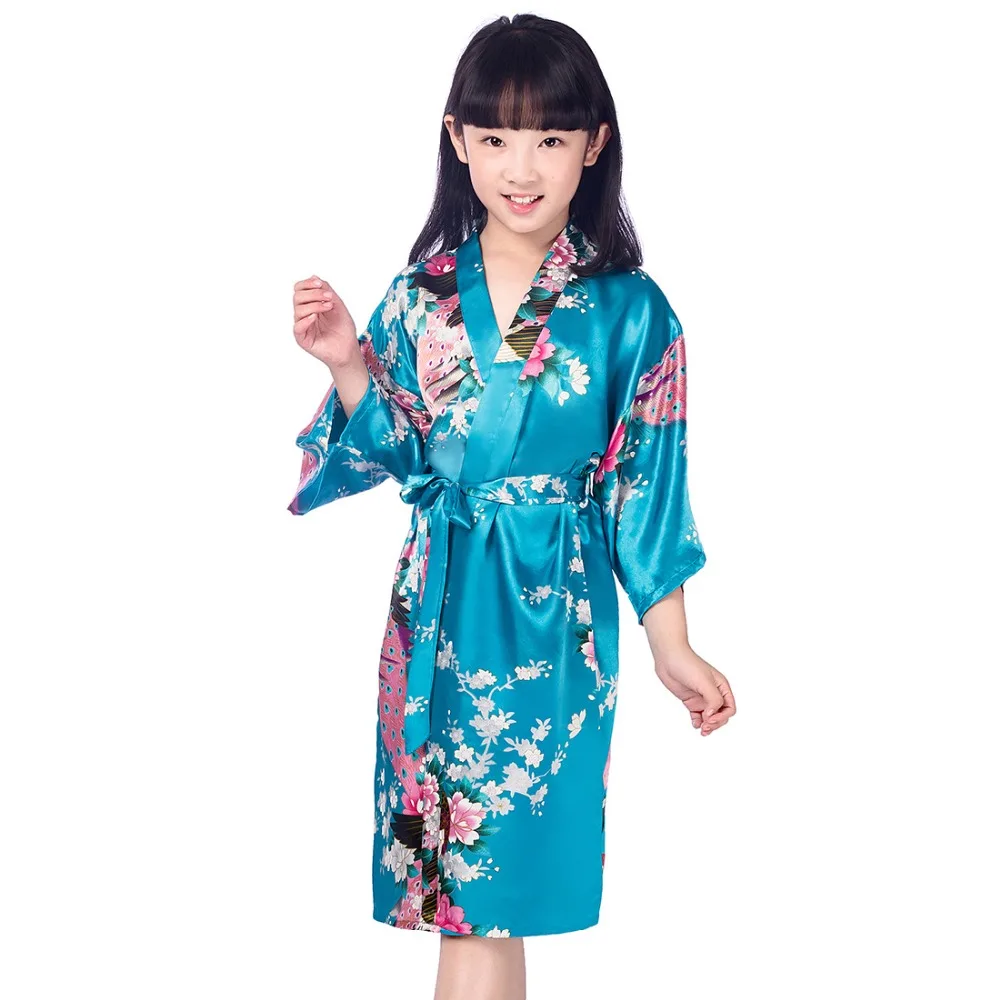 

Girls' Bird & Flower Satin Kimono Wrap Sleepwear Robe Bathrobe Short Peacock Flower Robe For Spa Party Wedding Birthday