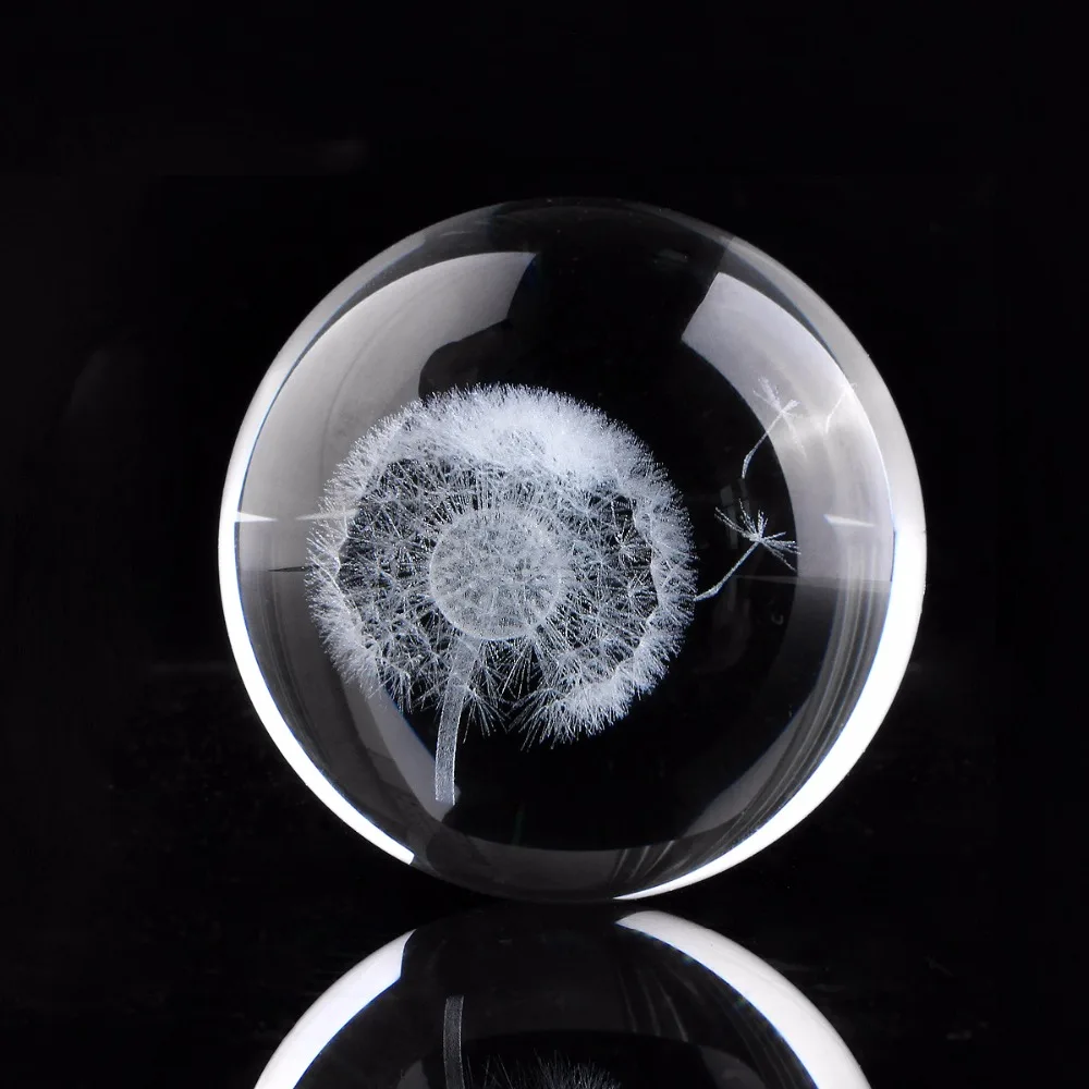 60mm 3D Dandelion Laser Engraved Crystal Ball with Stand,Art Decor Quartz Glass Home Accessories Wedding Birthday Party Gifts