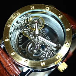 Luxury Brand TIEDAN Transparent Men Mechanical Watch Gold Tourbillon Skeleton Automatic Watches Mens Wristwatch Leather Clock