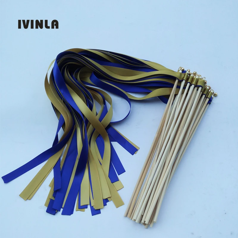 

50pcs/lot Navy and gold Stain Ribbon Wands Wedding Wands For Wedding Party