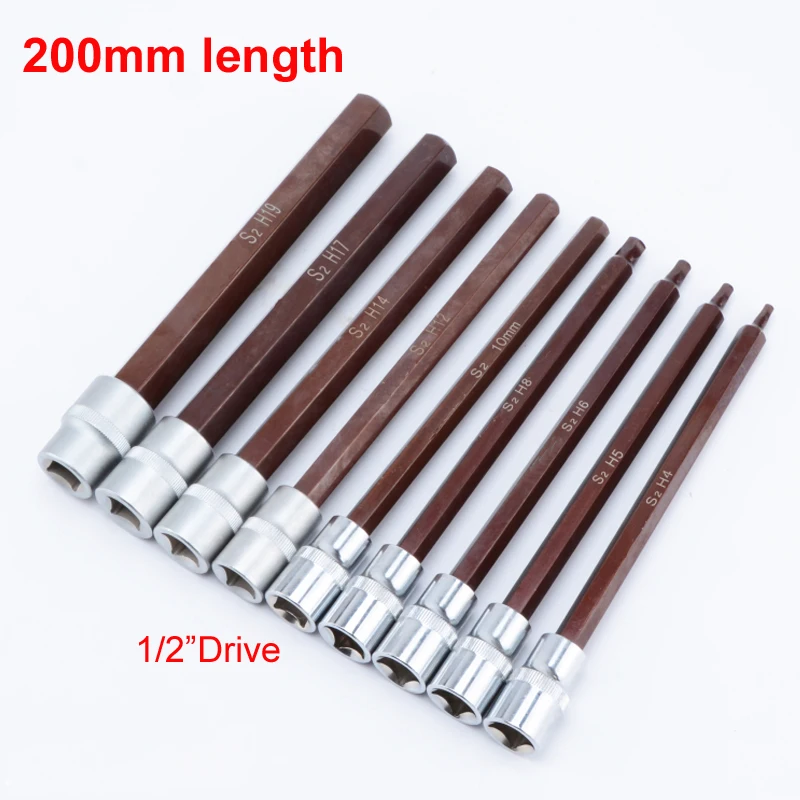 1PCS 200mm Length 1/2 Inch Drive Hex Bit Sockets H4-H19 Metric Hexagon Screwdriver Bit Sockets Hand Tools Socket Joint Hexagonal