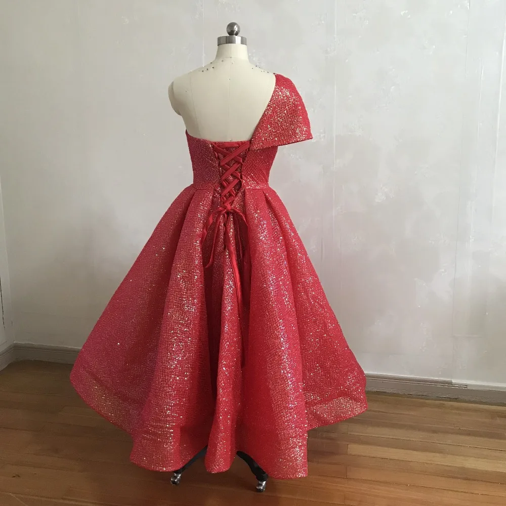 Fashion Red One Shoulder Sweetheart Bling Bling Puffy Tea Length Prom Dress