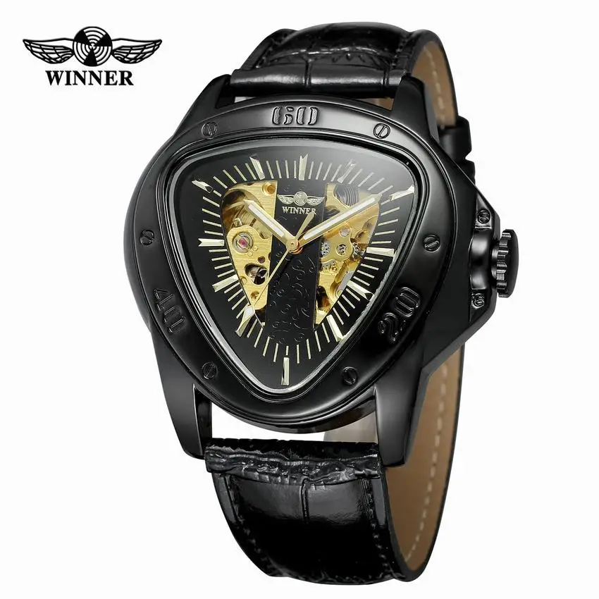 Winner Automatic Mechanical Men Watch Racing Sports Design Triangle Skeleton Wristwatch Top Brand Luxury Golden Black Leather