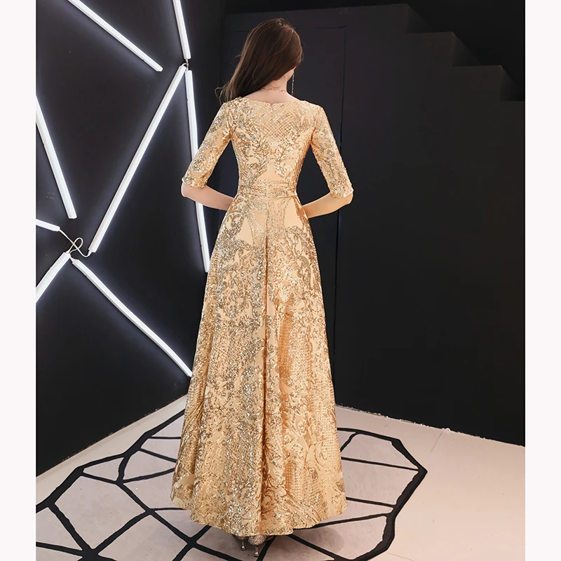 Customized Gold Wine Red Evening Dresses Long 2024 Elegant V-neck A-line Floor-Length Sequined Formal Evening Gown WY1082