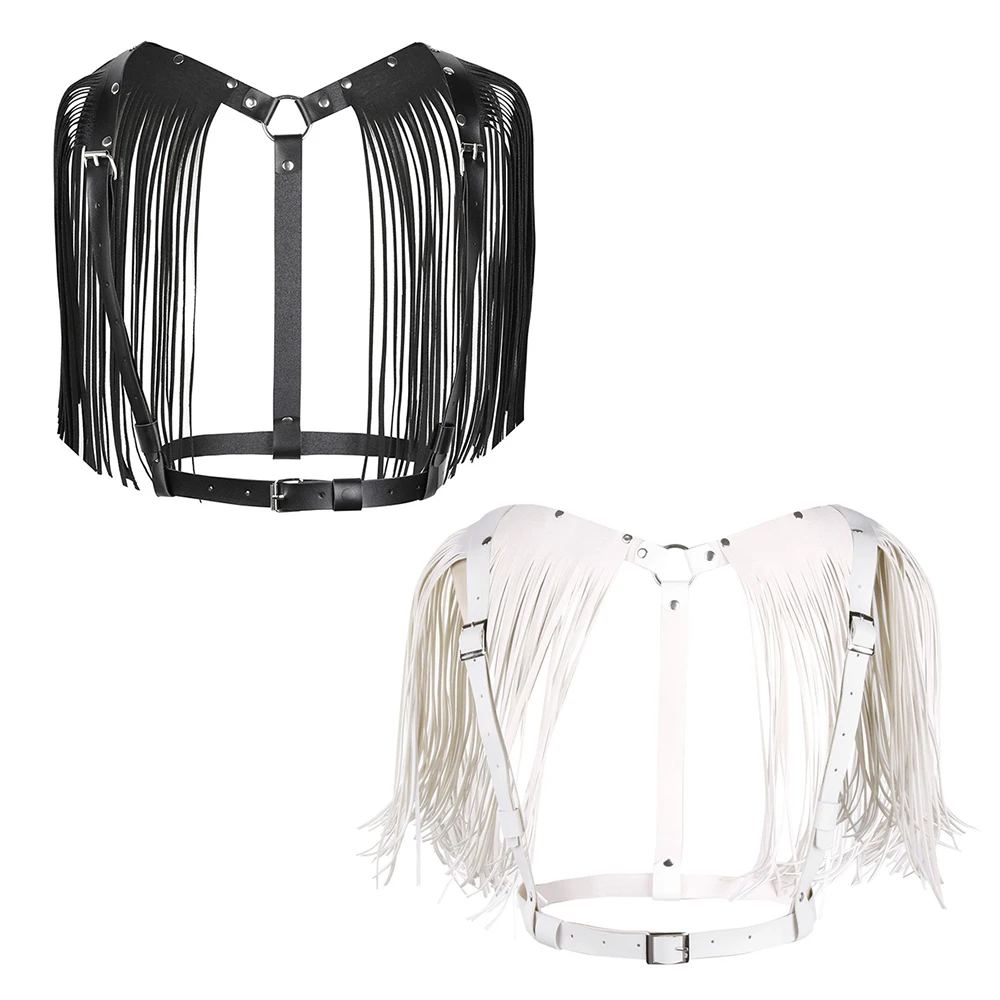 Fashion Women Ladies Sexy Clubwear PU Leather Adjustable Body Chest Harness Bondage Belt with Shoulder Tassel Y-shaped Clothing