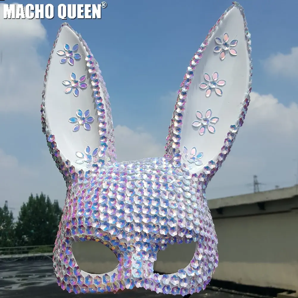 Holographic Burning Man Sequin  Bunny Couture Face Mask Festival Rave Outfits Gear Dancer Costume  Halloween Masquerade