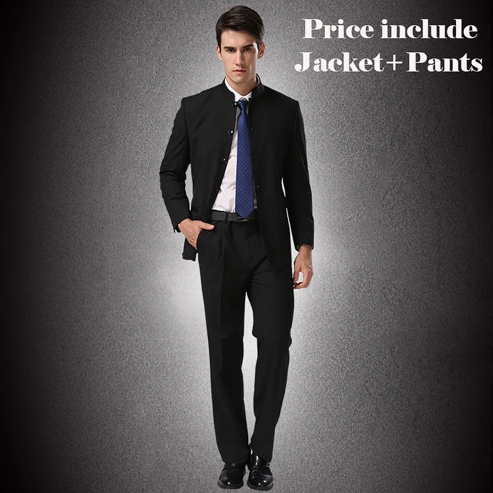 Jacket + Pants Men Formal Business Suits Pants Chinese Tunic Suits Black New Arrival Traditional Mandarin Plus Size XXXXL F048