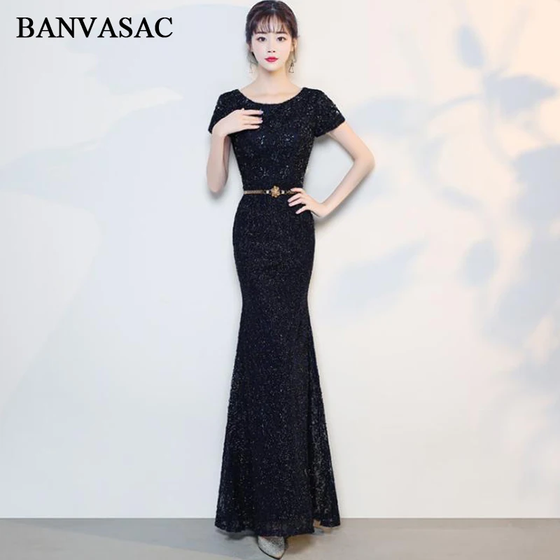 

BANVASAC 2018 Crystal O Neck Lace Embroidery Mermaid Long Evening Dresses Party Short Sleeve Sequined Sash Prom Gowns