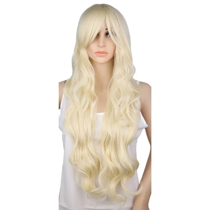 QQXCAIW Long Curly Blonde Wig Cosplay Costume Party Women  70 Cm High Temperature Synthetic Hair Wigs