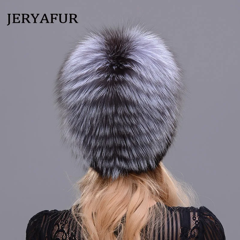 JERYAFUR  New  Style Fur Hat Knitting Wool Fashion Mink And Fox Fur Hat Winter Women\'s Trip Ski Cap Protects Ears