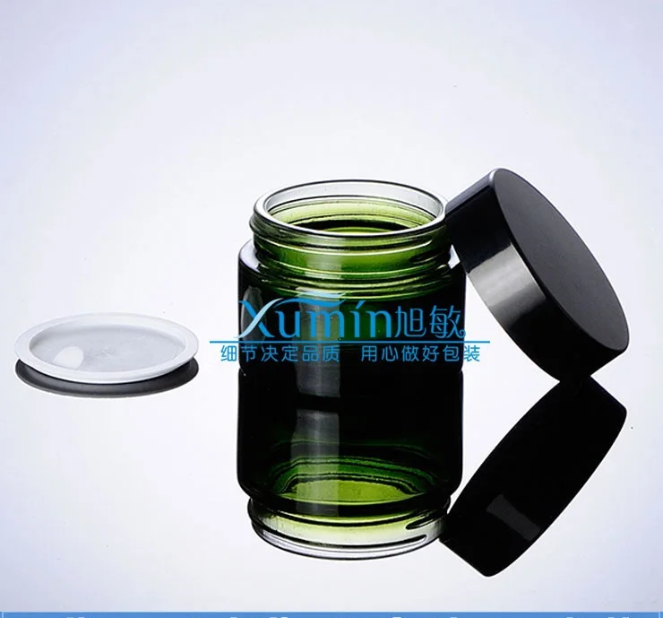 

50g green glass cream jar with black aluminum lid, 50 gram cosmetic jar,packing for sample/eye cream,50g bottle