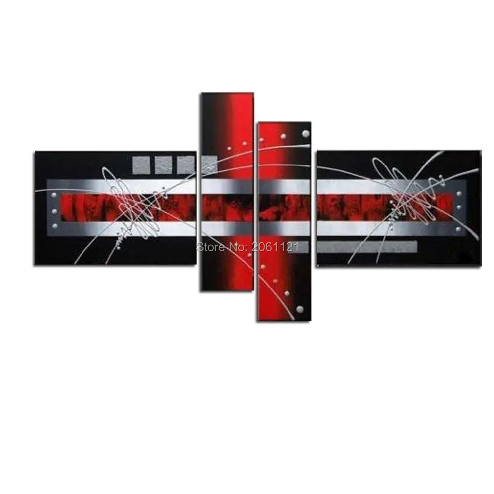 

Modern Hand Painted Artwork 4 Panels Abstract silver red black Oil Paintings on Canvas Wall Art for Hot Sale Home Decorations