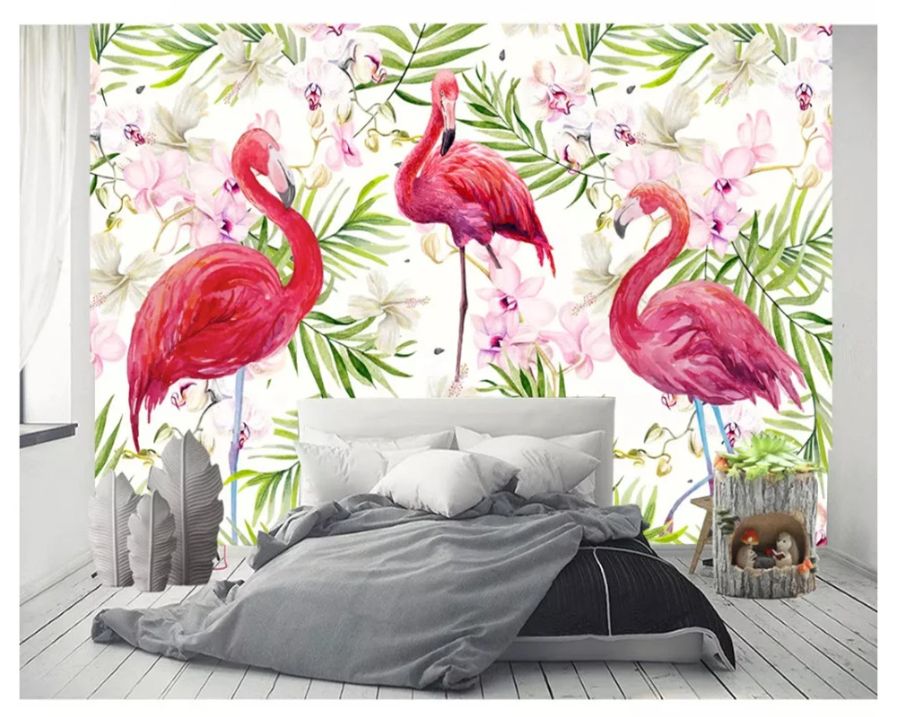 beibehang Modern minimalist hand-painted flamingo tropical rain forest personality wall paper Nordic papel de parede wallpaper