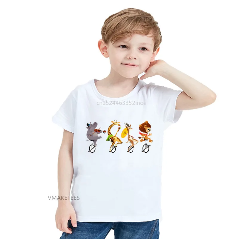 

2018 Summer Girls & Boys Short Sleeve T shirt Funny Wild Animals On Unicycles Print T-shirt Baby Kids Cartoon Clothes,HKP5682