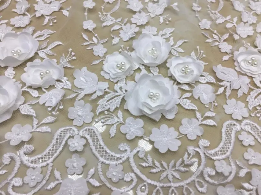 Very Beautiful white colour French Lace Fabric On Sale Latest 3D tulle cut Lace Fabric High Quality with beads and Sequins Lace