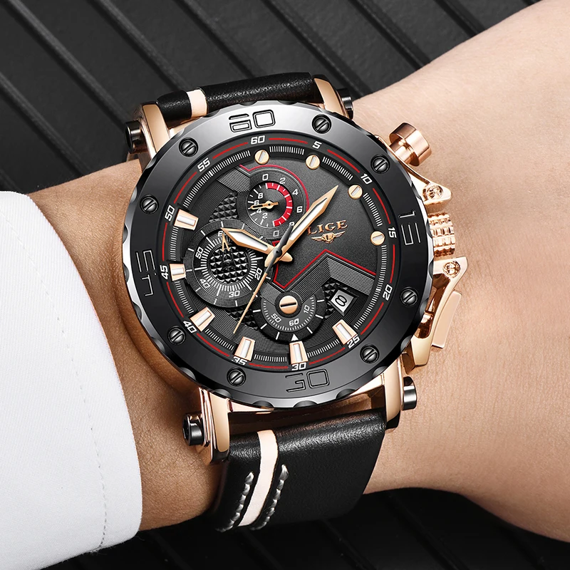 LIGE Men Watch Casual Sport Chronograph Top Brand Leather Strap Waterproof Date Quartz Watch for Men Clock Relogio Masculino New