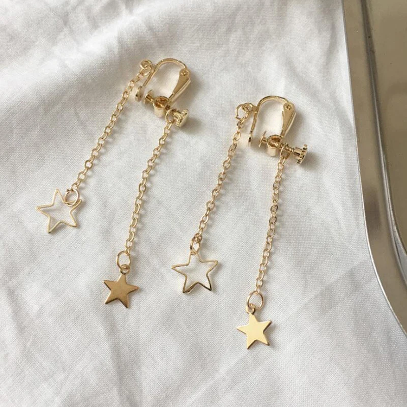 Grace Jun Double Star Tassel Clip on Earrings for Women Party Wedding Fashion Screw Cuff Earrings Anti-allergy Charm Jewelry New