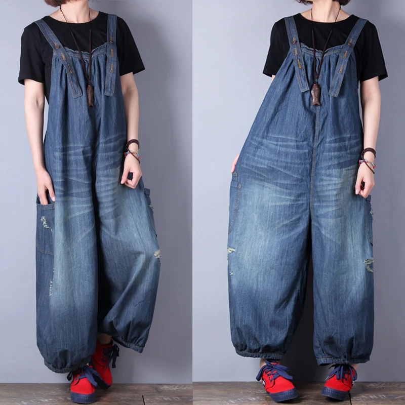 Cotton Loose Jumpsuits and Rompers with Holes, Long Wide Leg Denim Jeans, Loose Overalls, New Fashion, 2024