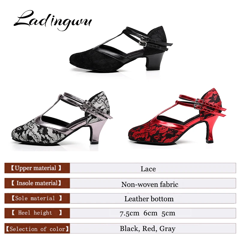 Ladingwu Women Lace  Latin Dance Shoes Salsa Waltz Dance Shoes Red Gray Black Shoes Ballroom Dancing For Women Heel 5/6/7.5cm