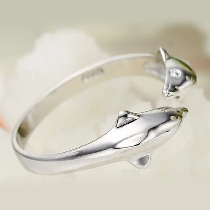 Silver Color  Jewelry Open Happy Double Dolphin Love Rings For Party Women Gift Adjustable Ring Anillos Bague VRS2196