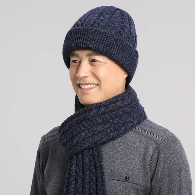 Adult Middle Age Elderly Man Hat Winter Wool Thicken Cap Father Ear Protection Knitted Hats Dad Outdoor Warm Fashion Scarf H7148