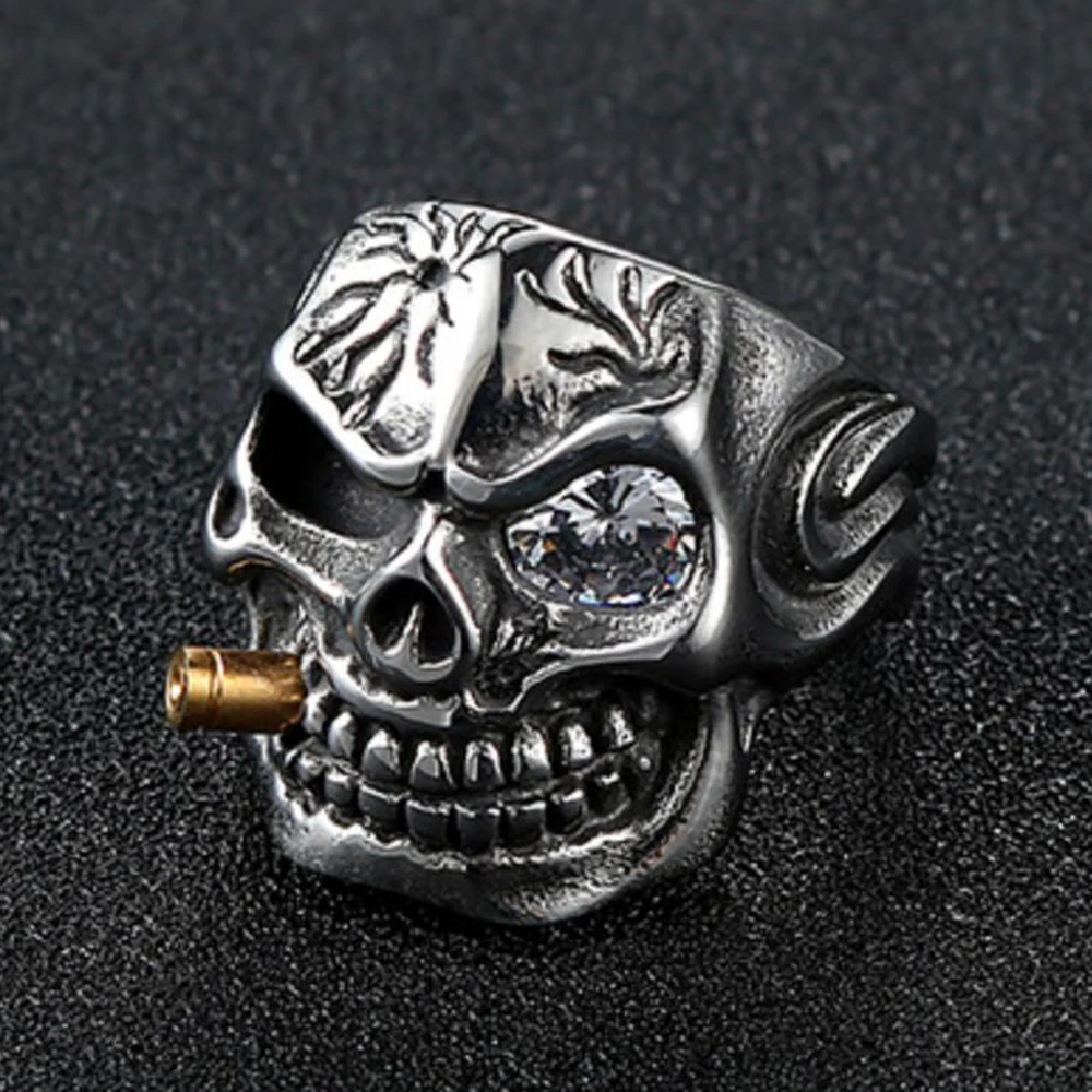 Punk Jewellery 316L Stainless Steel Men Ring Vintage Viking Skeleton Finger Band Rings With Crystal Eye Men\'s Jewelry Wholesale