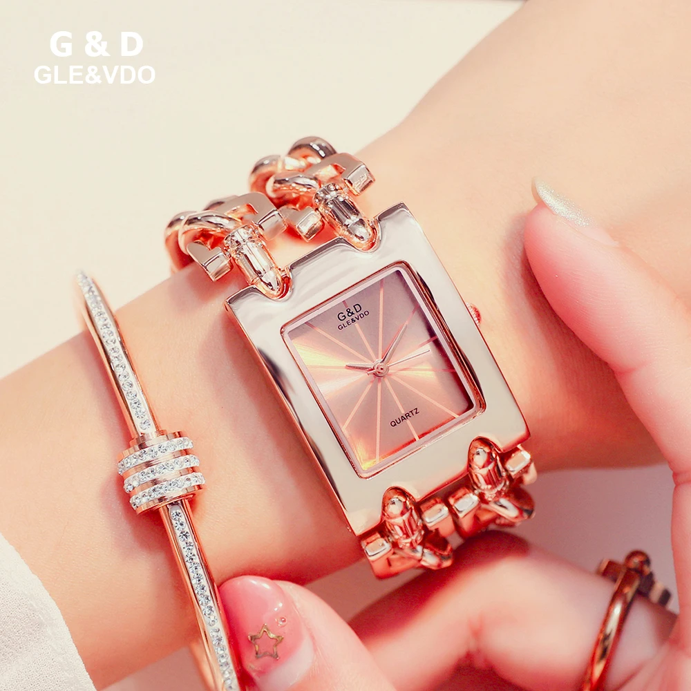 G&D Women Clock Fashion Casual Double Bracelet Quartz Wrist Watch Top Brand Luxury Rectangle Case Ladies Wristwatch reloj mujer