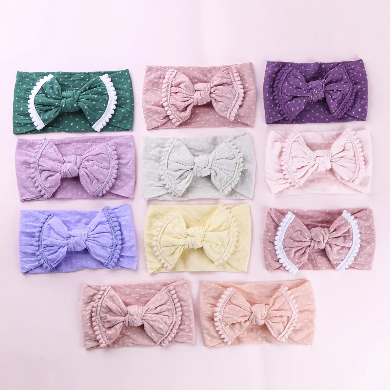 

20PC/lot Cute Dot Print Nylon Bows Headbands Newborn Girls Knotted Hair Bow Headband,Kids Wide Turban HeadWraps With PomPom Trim