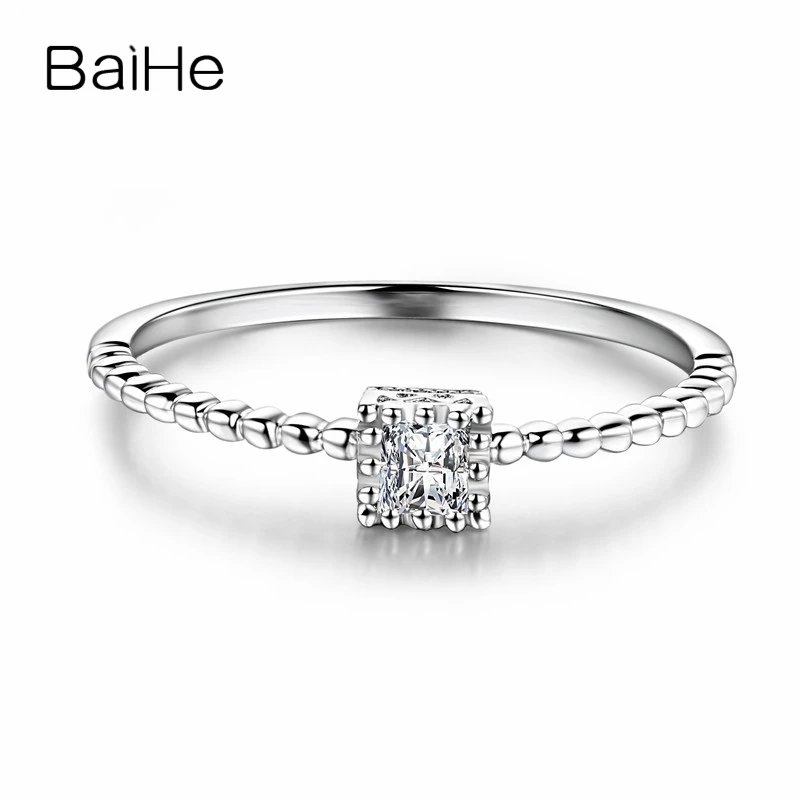 

BAIHE Solid 18K White Gold 0.10CT Princess Natural Diamond Women Engagement Fine Jewelry Beautiful diamond square Gift Ring