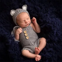 Newborn Photography Props Accessories Cute Baby Photography Costume Knitted Fox Ears Hat+Suspenders Set Studio Baby Photo Props