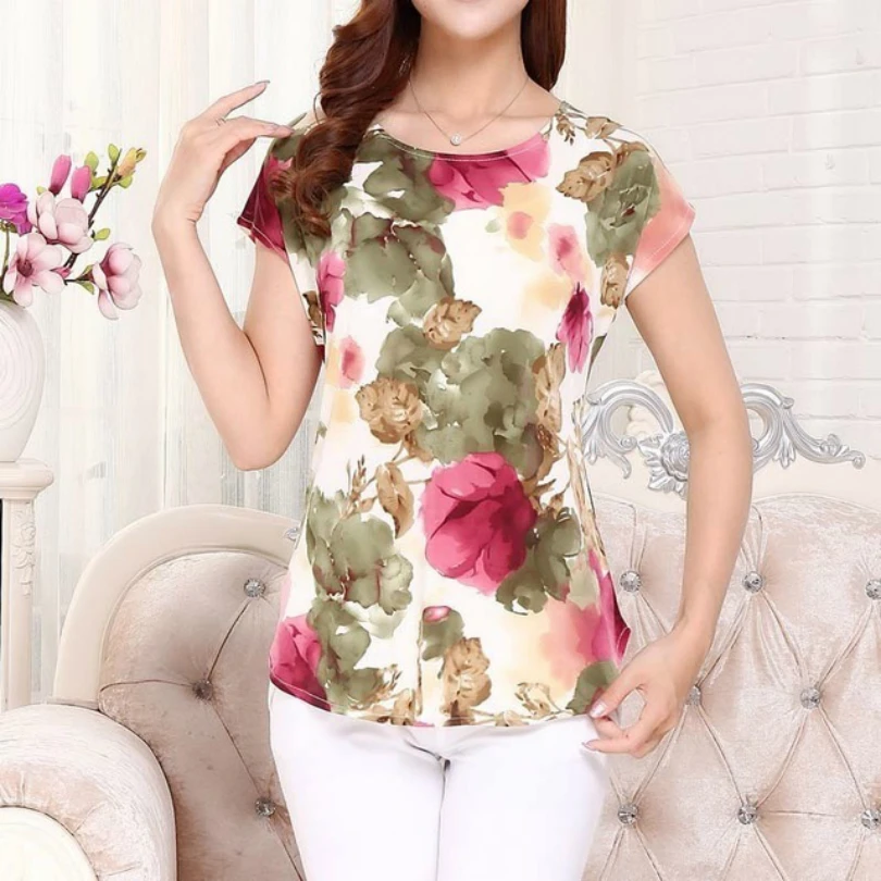 Blusa feminina estampa âncora de seda de manga curta, roupas femininas, tops plus size, camisas casuais, roupas femininas, 5XL