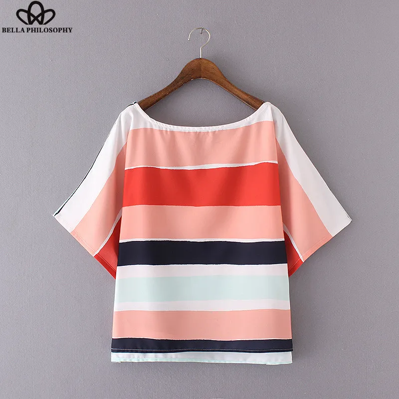 

Bella Philosophy summer new women's O-neck Batwing short sleeve striped chiffon blouse Yellow Red ladies shirt tee