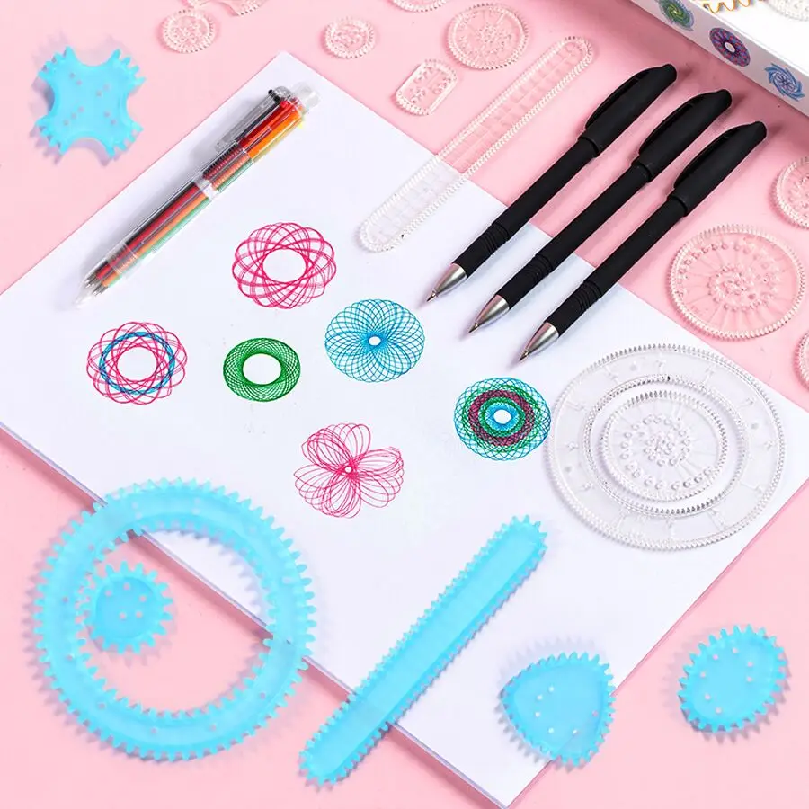 Spiral Drawing Toys Set 22PCS Interlocking Gears & Wheels Drawing Accessories,8pcs blue Ruler Set Educational Toys