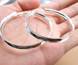 925 Silver colorSimple Smooth Ear Ring Big 50MM Circle Female Earrings Wholesale Fashion DZ
