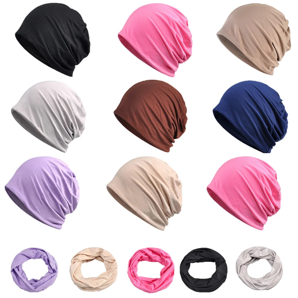 Women Solid Color Thin Slouchy Beanie Hat Skull Cap Neck Warmer Scarf Multi-Use  HATRX0013