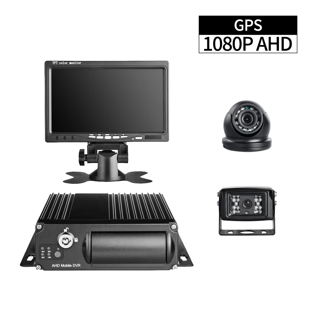 GPS Vehicle Mobile DVR 4 Channel 1080P with 2pcs AHD Metal 2.0MP Cameras 7inch Monitor G-sensor for Truck Surveillance Recorder