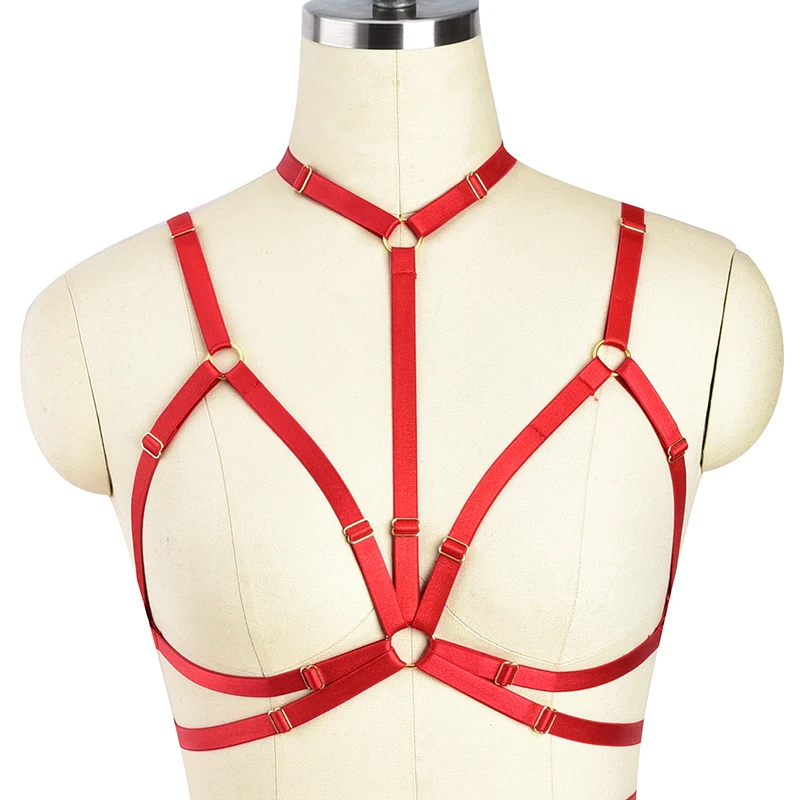 

Women Gothic Rave Wear Bondage Harness Red Body Harness Lingerie Fetish Tops Cage Bra Exotic Bustier Halter Bralette