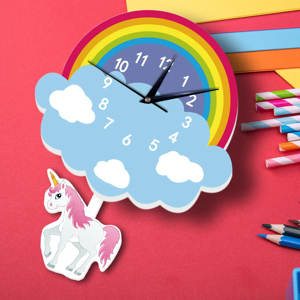 Kawaii Cartoon Rainbow Unicorn White Horse Swing Wall Clock Wall Stickers Animal Clock For Children Girls Baby DIY Birthday Gift