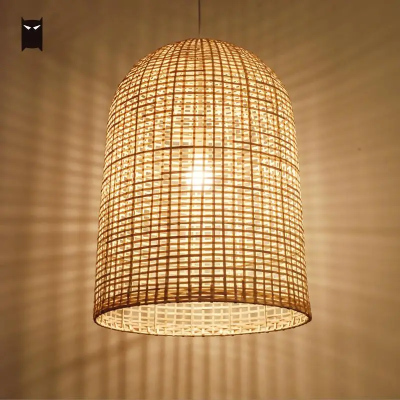 Bamboo Wicker Rattan Square Fence Shade Pendant Light Fixture Vintage Rustic Asian Hanging Ceiling Lamp for Dining Room E27 Bulb