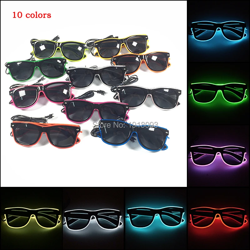 New arrival 10 Colors Select EL wire Sunglasses with dark lens Neon Novelty Lighting Glasses Costume Party Bright Glasses