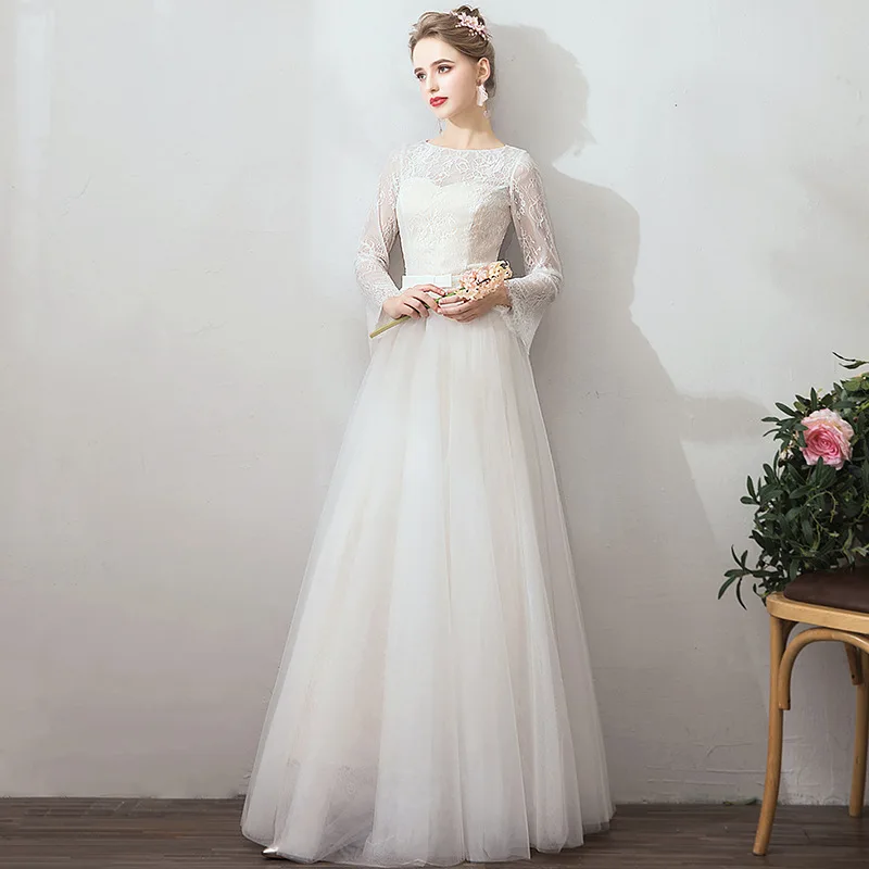 Simple White Lace Wedding Dress 2019 A line Simple Bridal Dresses New  vestido de noiva  long sleeve Bridal dress