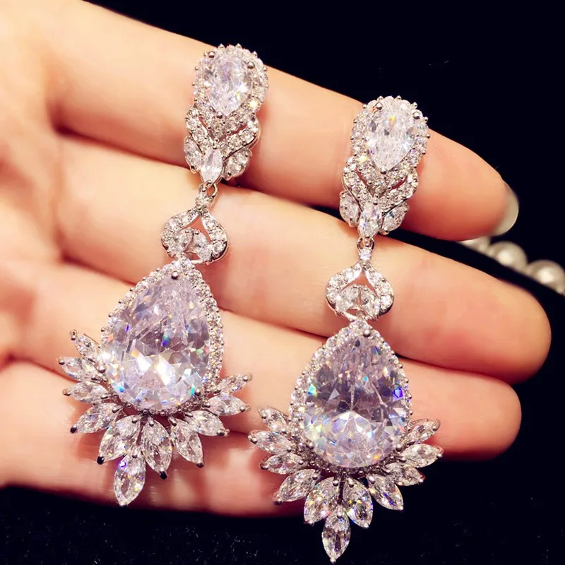 925 Drop Earrings For Women Luxury Water Drop Cubic Zirconia Long Earrings Bridal Wedding Engagement Gift Fine Jewelry