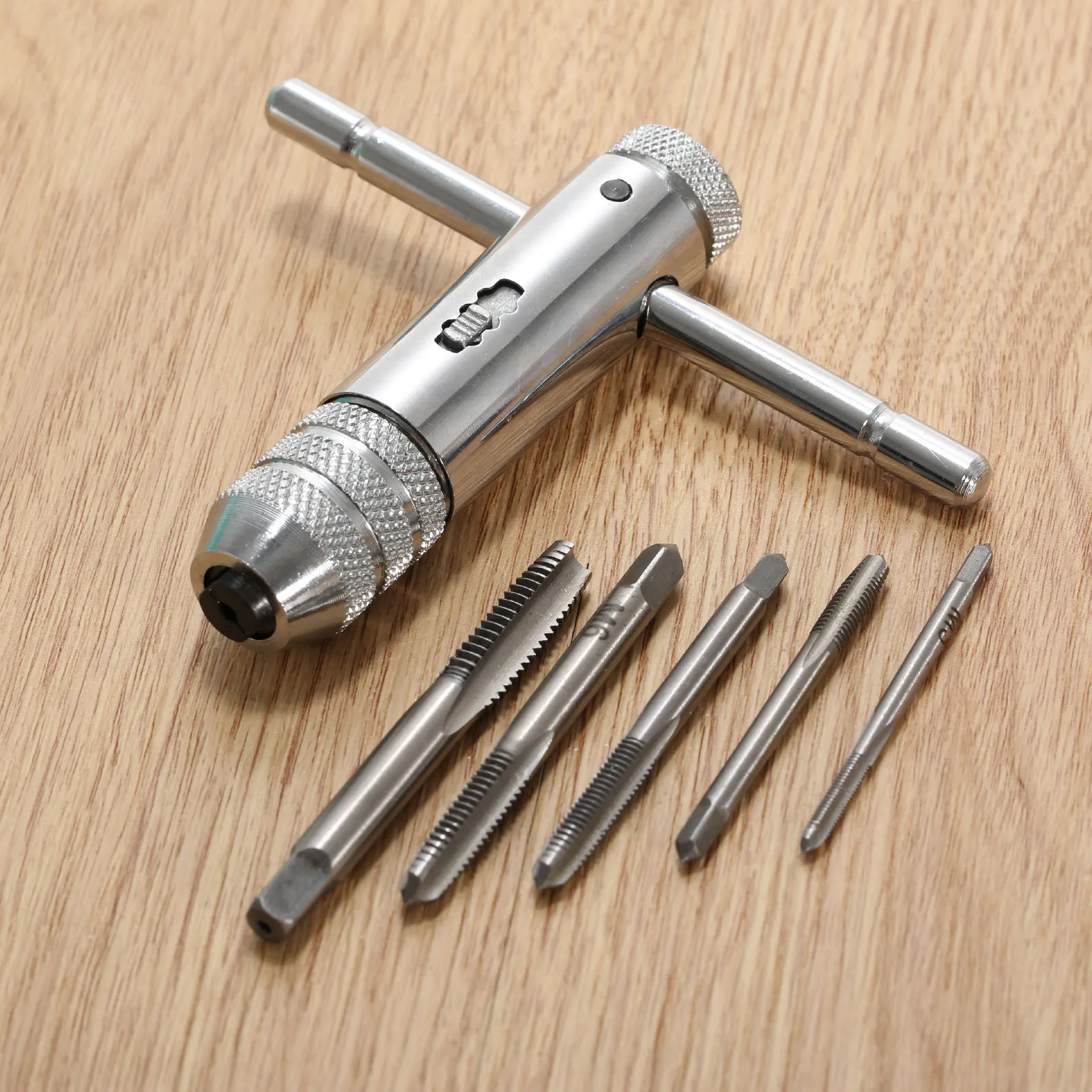 M3-M8 T-Handle Ratchet Tap Wrench Machinist Tool + 5pcs Screw Tap Hand Tap Drill Tapping Tool Set Hand Tools M3/M4/M5/M6/M8